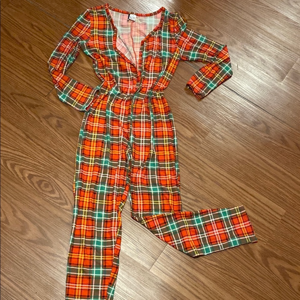 Plaid Long-Sleeve Jumpsuit in Red and Green